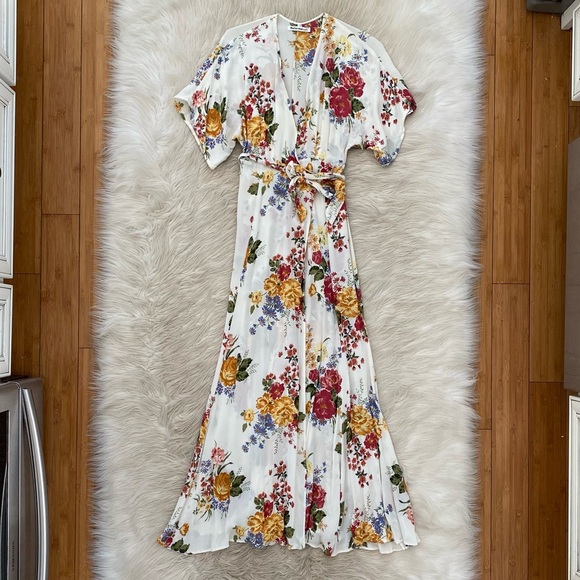 Reformation Rosey Maxi Wrap Dress Floor Length Gown Short Sleeve Pink Floral - Picture 3 of 16